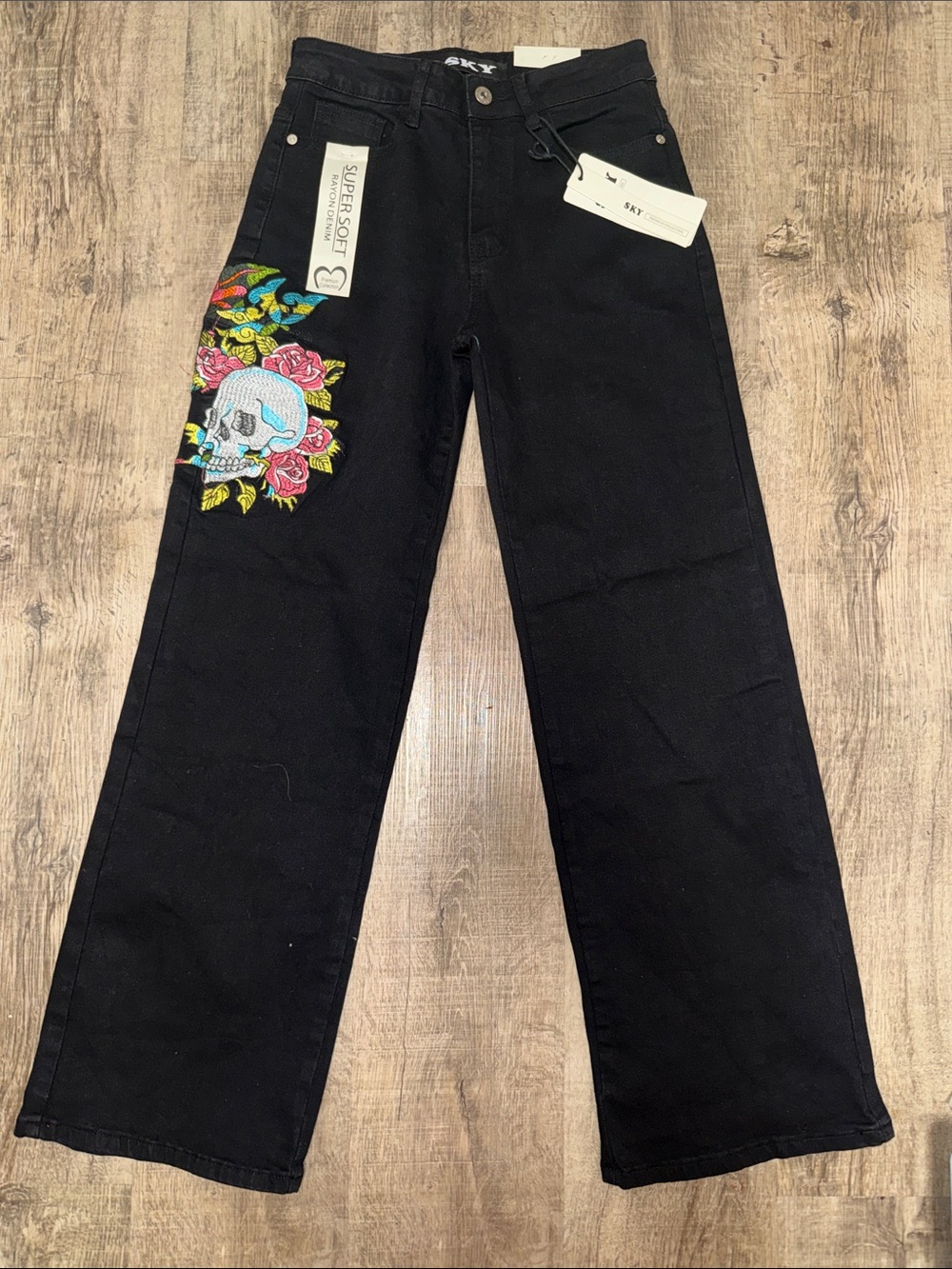 SKY Black Wide-Leg Jeans with Embroidered Skull & Roses
